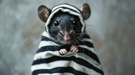 Dramatic portrayal of a black mouse dressed in a striped shirt, its face hidden by cloth, embodying the persona of a mysterious thiefの素材