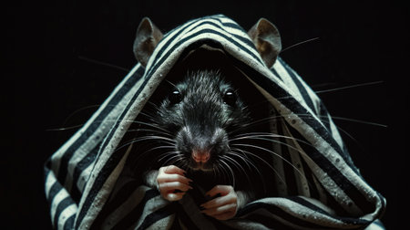 Intriguing image of a cunning black mouse in a striped shirt, using fabric to obscure its face while embracing the role of a sly thiefの素材