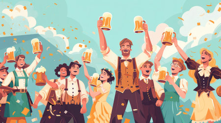 Lively Oktoberfest illustration featuring people in traditional Bavarian attire raising beer steins in celebrationの素材