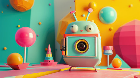 Quirky character with a unique Polaroid camera, colorful World Photography Day sceneの素材