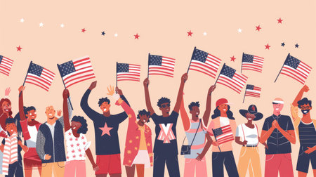 Joyful illustration of diverse people waving American flags and celebrating USA Patriotic Dayの素材