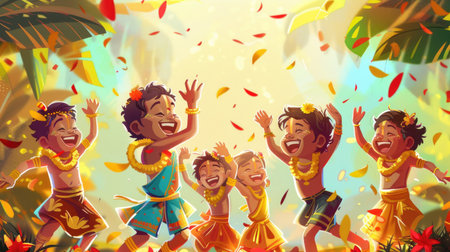 Joyful illustration of children playing traditional Onam games in a colorful backdropの素材