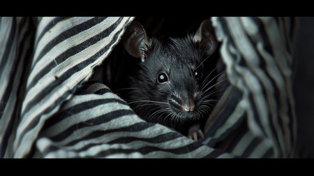 Playful shot of a black mouse donning a striped shirt, its face hidden by a cloth as it takes on the role of a sneaky thiefの素材
