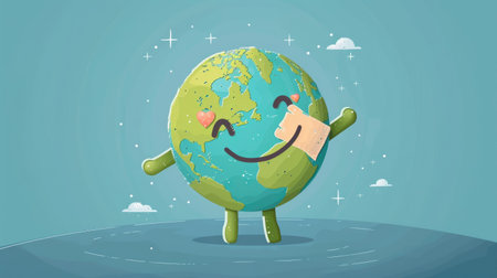 Friendly cartoon Earth character with a band-aid, symbolizing ozone layer healing for World Ozone Dayの素材