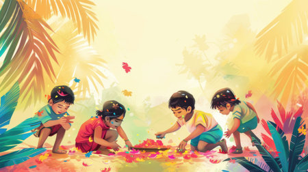 Joyful illustration of children playing traditional Onam games in a colorful backdropの素材