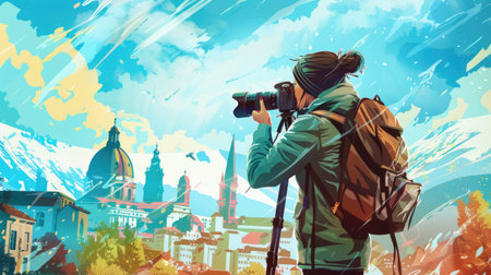 Inspirational illustration of a photographer in action with a backdrop of famous locations for World Photography Dayの素材