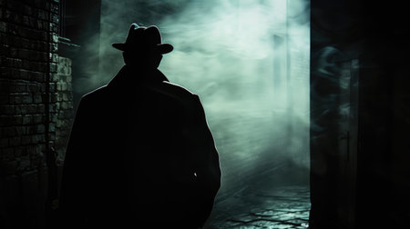 Mysterious silhouette of a detective's shadow lurking in the darkness, evoking intrigueの素材