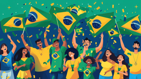 Joyful illustration of a multicultural group of people waving Brazilian flags in celebrationの素材