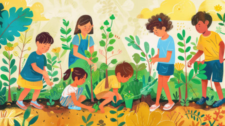 Vibrant illustration of children planting trees to celebrate and protect the ozone layer on World Ozone Dayの素材