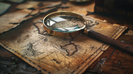 Suspenseful image of a magnifying glass poised on a detective's map, unraveling secretsの素材