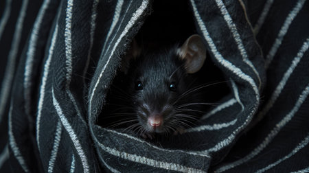Tense moment captured as a black mouse in stripes conceals its face with cloth, adopting the guise of a cunning thiefの素材