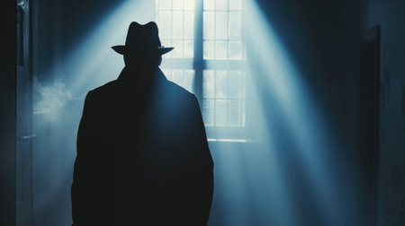 Tense moment captured with the silhouette of a detective's shadow looming largeの素材