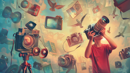 Whimsical illustration of different photography styles and genres for World Photography Dayの素材