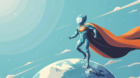 Whimsical illustration of a superhero Earth with a cape, representing the protection of the ozone layerの素材