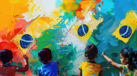Vibrant illustration of children painting and drawing Brazilian flags for Independence Dayの素材
