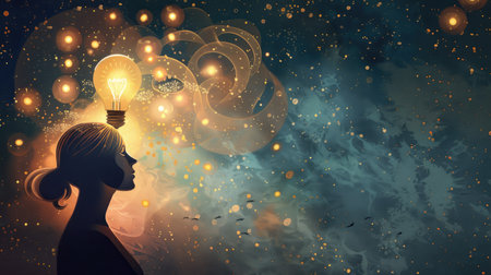 Thought bubble above a person's head fills with ideas, culminating in a glowing light bulbの素材