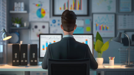 Animated 3D businessman working on a desktop, analyzing financial data, with comprehensive front and back views of his office setupの素材