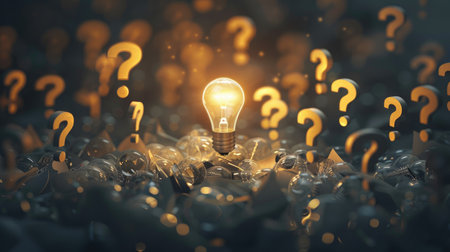 Thoughtful individual surrounded by question marks, then a bright light bulb appears signaling clarityの素材