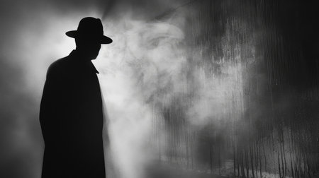 Tense moment captured with the silhouette of a detective's shadow looming largeの素材