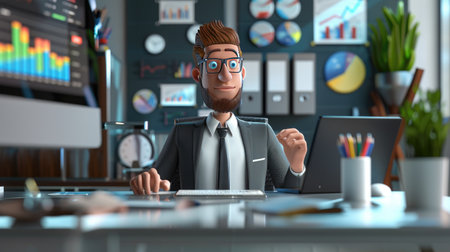 3D character of a happy businessman at a desktop, focused on computer work and financial analysis, front and back views in a modern office settingの素材