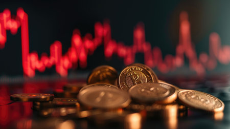 Falling financial graph with coins in front, depicting the harsh reality of an economic downturn and financial crisisの素材