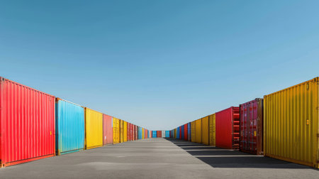 Rows of colorful containers in a spacious yard, set against a clear blue sky, symbolizing global business logistics for freight carriersの素材