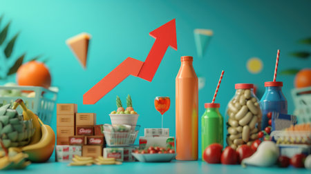 Graph with a 3D arrow pointing upward and grocery products, representing the inflation crisis and rising food costsの素材