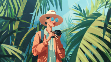 Trendy character holding a sleek mirrorless camera, outdoor World Photography Day settingの素材