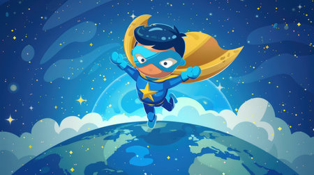 Superhero cartoon character representing the ozone layer, flying around the Earth for World Ozone Dayの素材