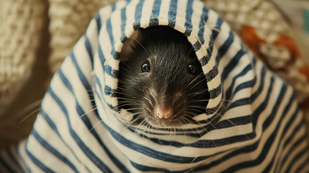 Tense moment captured as a black mouse in stripes conceals its face with cloth, adopting the guise of a cunning thiefの素材