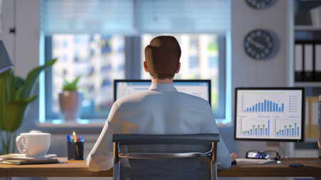 Animated 3D businessman working on a desktop, analyzing financial data, with comprehensive front and back views of his office setupの素材