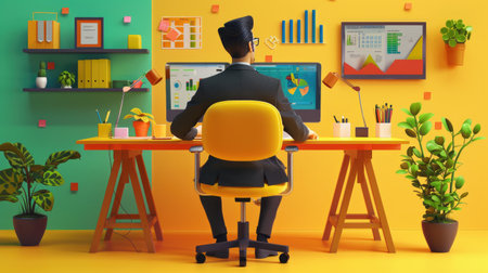 engaging in computer work and financial analysis. This illustration shows both the front and back views of the office worker with 100-200 characters and ending withの素材