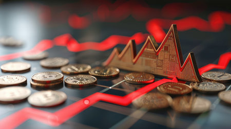 Depressed financial chart with a downturn arrow, scattered coins symbolizing the impact of an economic crisisの素材