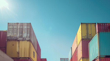 Container yard bathed in sunlight with a clear blue sky, focusing on global logistics for freight carriers and cargo operationsの素材