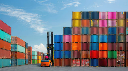 Forklift lifting a stack of colorful containers in a busy shipping yard, showcasing import-export logistics with ample space for textの素材