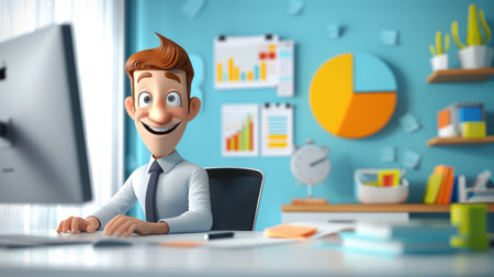 3D businessman character joyfully working on financial reports at his desktop, captured from both front and back anglesの素材