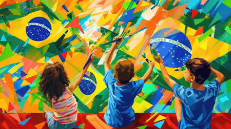Vibrant illustration of children painting and drawing Brazilian flags for Independence Dayの素材