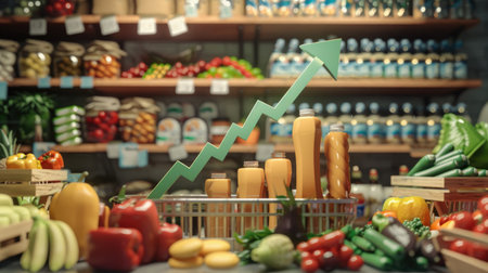 3D rendered arrow on a financial graph, soaring above grocery items, symbolizing the crisis of inflation in food pricesの素材