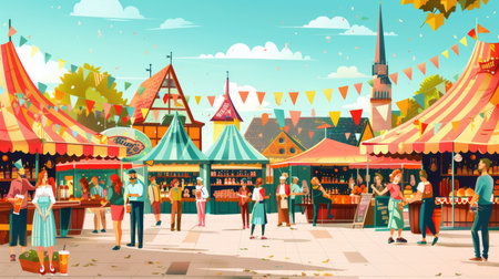 Vibrant Oktoberfest market illustration with stalls selling beer, sausages, and traditional Bavarian delicaciesの素材