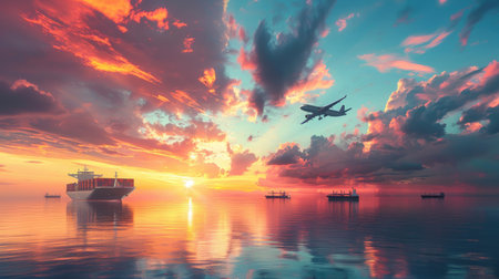 Majestic sunset sky with a big ship, container truck, and airplane, focusing on the logistics of container cargo and sea freight shippingの素材