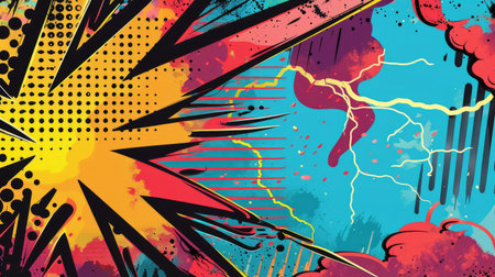Bold and colorful pop art backdrop with a thunder illustration, bringing a sense of drama and intensity to your designsの素材
