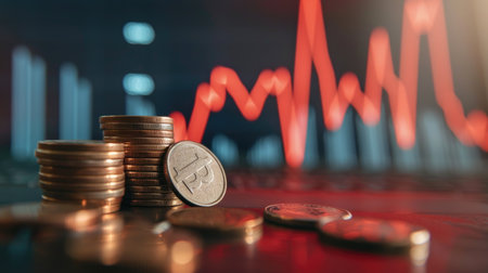 Stack of coins with a declining financial chart in the background, illustrating the effects of an economic crisisの素材
