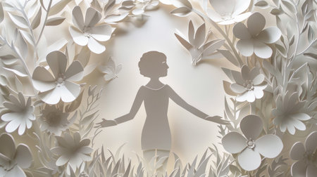 Artful paper cutout of a person surrounded by a finely crafted paper scene, demonstrating the beauty of paper craftingの素材