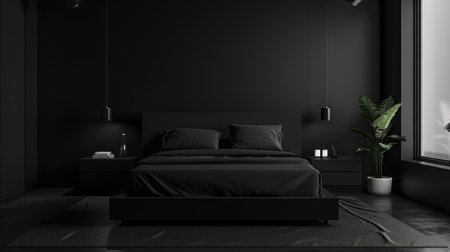 Discover the beauty of simplicity in a modern black bedroom, where minimalist design and monochromatic tones create a sleek and stylish retreat.の素材