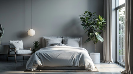 Discover the beauty of simplicity in a modern gray bedroom, where minimalist design and soothing tones create a serene ambianceの素材