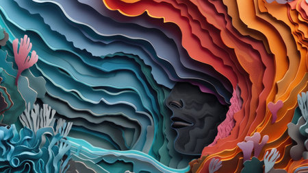 Detailed paper cutout illustration featuring a person immersed in a richly textured paper environment, showcasing creativity and depthの素材