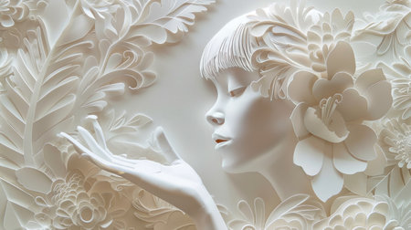 Delicately crafted paper cutout of a person amidst an elaborate paper backdrop, showcasing the artistry of paper craftingの素材