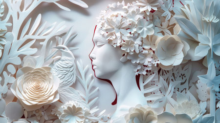 Artful paper cutout of a person surrounded by a finely crafted paper scene, demonstrating the beauty of paper craftingの素材