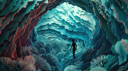 Detailed paper cutout illustration featuring a person immersed in a richly textured paper environment, showcasing creativity and depthの素材