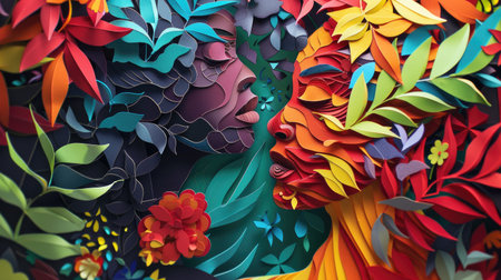 Detailed paper cutout artwork portraying a person immersed in a vibrant paper environment, highlighting the intricacy of paper artistryの素材